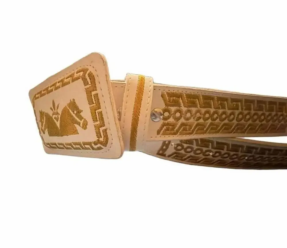 YAC Leather Embroidered Stallion Horse Belt White Gold
